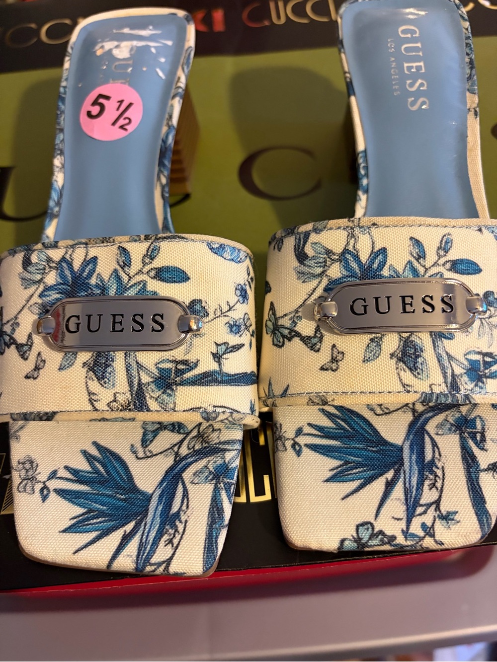 GUESS Women's Blue Floral Slide Sandals